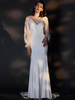 Hochzeitskleid mit Zug Lange Ärmel Satin Stoff V-ausschnitt Brautkleider Meerjungfrau Kleid