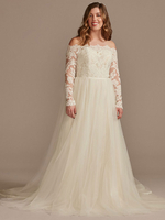 Hochzeitskleid mit Zug Weiß Single Thread Tüll Bateau Neck Langarm Applique Court Train Brautkleider