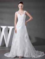 Hochzeitskleid Spitze Applique Friesen plissierten Organza a-Linie Kapelle Zug Brautkleid Riemen