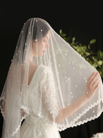 Hochzeitsschleier Einstufiger besetzter Brautschleier aus Polyester mit Spitzenapplikation