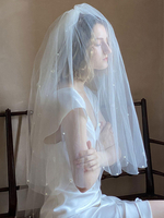 Hochzeitsschleier Zweistufige Perlen Tüll Schnittkante Elfenbein Klassischer Brautschleier