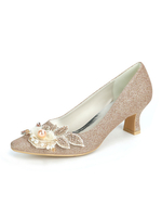 Hochzeitsschuhe Champagner Pailletten Stoff Blumen Square Toe Puppy Heel Brautschuhe