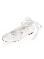 Hochzeitsschuhe Elfenbein Runde Zehen Satin Obere Blumen Flache Brautschuhe