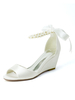 Hochzeitsschuhe Elfenbein Satin Perlen Offene Spitze Keilabsatz Riemen Verstellbare Brautschuhe