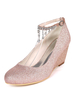 Hochzeitsschuhe Pailletten Stoff Champagner Runde Zehen Strass Keilabsatz Knöchel Strape Pumps