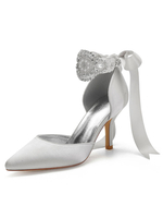 Hochzeitsschuhe Satin Blue Pointed Toe Pearls Stiletto Ferse zurück Bogen Brautschuhe