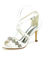 Hochzeitsschuhe Satin Elfenbein Offene Spitze Strass Stiletto Heel Knöchelriemen Ferse Brautschuhe
