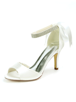 Hochzeitsschuhe Satin Elfenbein Offene Spitze Strass Stiletto Heel Knöchelriemen Ferse Brautschuhe