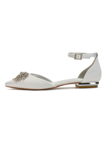 Hochzeitsschuhe Satin Elfenbein spitzen Zehen Strass Flache Knöchelriemen Brautschuhe