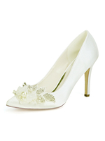 Hochzeitsschuhe Satin Elfenbein Spitzschuh Blumen Stiletto-Absatz Brautschuhe