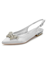 Hochzeitsschuhe Satin Silber Pointed Toe Strass Flache Sling Back Hochzeitsschuhe