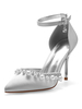 Hochzeitsschuhe Satin Silber Spitzzehen Perlen Stiletto Ferse Knöchelriemen Brautschuhe