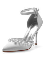 Hochzeitsschuhe Satin Silber Spitzzehen Perlen Stiletto Ferse Knöchelriemen Brautschuhe