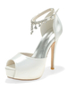 Hochzeitsschuhe Satin Weiß Peep Toe Ketten Stiletto Heel Knöchelriemen Brautschuhe
