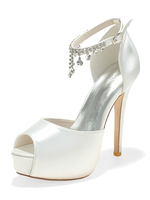 Hochzeitsschuhe Satin Weiß Peep Toe Ketten Stiletto Heel Knöchelriemen Brautschuhe