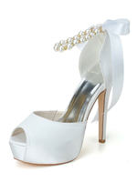 Hochzeitsschuhe Satin Weiß Peep Toe Perlen Stiletto Heel Knöchelriemen Brautschuhe