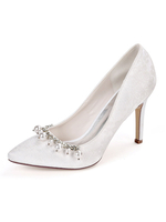 Hochzeitsschuhe Satin Weiß Spitze Spitze Perlen Stiletto Heel Stain Bridal Heels