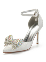 Hochzeitsschuhe Satin White Pointed Toe Pearls Stiletto Absatz Knöchelriemen Bogen Hochzeitsschuhe