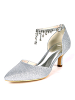Hochzeitsschuhe Silber Pailletten Stoff Strass Spitzschuh Kitten Heel Brautschuhe Knöchelriemen Heels