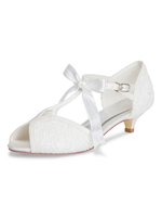 Hochzeitsschuhe Spitze Elfenbein Peep Toe Mittlere Breite Schleifen Kelch Absatz