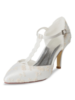 Hochzeitsschuhe Spitze Elfenbein spitzen Zehen T-Typ Verband Leder Stiletto Absatz