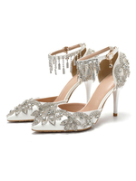 Hochzeitsschuhe Weiß PU-Leder Ketten Spitz Stiletto Heel Knöchelriemen Brautschuhe