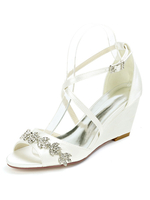 Hochzeitsschuhe Weiß Satin Rhinestones Offene Zehen Keilabsatz Brautschuhe