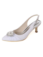 Hochzeitsschuhe Weiße Pailletten Stoffschnalle Spitze Zehen Kätzchen Ferse Zurück Slip Brautschuhe