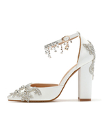 Hochzeitsschuhe weiße PU-Leder-Strass-Rhinestones spitzer Zehe klobige Ferse plus Größe Brautschuhe