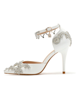 Hochzeitsschuhe weiße PU-Lederketten spitz spitze Stiletto-Ferse plus Größe Brautschuhe