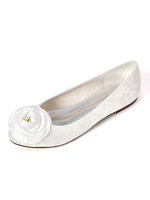Hochzeitsschuhe Weiße Spitze Blumen Runde Zehen Flache Brautschuhe