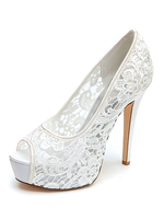 Hochzeitsschuhe White Lace Peep Toe Pfennigabsatz Plattform Brautschuhe