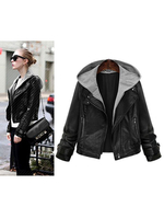 Hooded Moto Jacket Schwarz Leder wie Plus Size gefälschte zwei Stück Biker Jacke