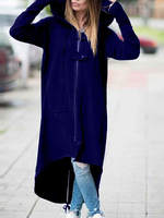 Hoodie für Frau Blau Langarm Polyester High Low Irregular Hooded Sweatshirt