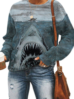 Hoodie für Frau Grau Langarm Bedrucktes Polyester Shark Print Hooded Sweatshirt