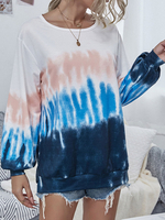 Hoodie für Frauen Blau Langarm Bedrucktes Polyester Baumwollmischung Tie Dye Hooded Sweatshirt