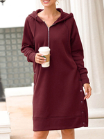 Hoodie für Frauen Burgunder Langarm Knöpfe Polyester Split Hoodie Kleid
