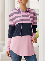 Hoodie für Frauen Pink Long Sleeves Bedrucktes Polyester Color Block Stripes Hooded Sweatshirt