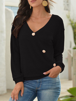 Hoodie für Frauen Schwarz Langarm Buttons Polyester Hooded Sweatshirt