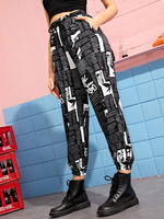 Hose Schwarz Schnürhose aus Polyester mit Buchstabenaufdruck