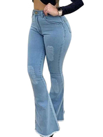 Hosen Blaue Denim Raised Taille Knopf Fly Ausgestelltes Frauen Hosen
