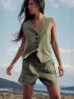 Hosenset aus Baumwollleinen klassisch ärmellos lässig minimalistisch 2-teiliges Set für Damen 2025