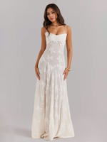 Jacquard-Maxikleid mit Spaghettiträgern Spitze hinten sexy transparentes figurbetontes Kleid für Damen 2025