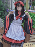 Japanische Lolita-Kostüme Lolita-Kleider Polyester Rüschen Kimono lange Ärmel Schwarz