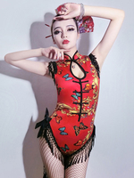Jazz Tanzkostüme Qipao Butterfly Print Fransen Quaste Frauen Bodysuit