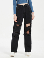 Jeans für Damen Cowboy Cut Out Erhöhte Taille Reißverschluss Hosenschlitz Schwarze Denim Straight Pants