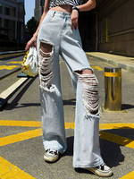 Jeans für Damen Hellhimmelblau Knöpfe Reißverschluss Hohe Taille Cowboy Lange Gerade Hosen
