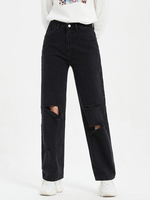 Jeans für Damen; Schwarze Jeans mit Reißverschluss und erhöhter Taille; gerade Denim-Hose
