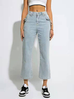 Jeans für Frauen Cowboy Knöpfe Erhöhte Taille Baumwolle Polyester Reißverschluss Gerade Lange Hosen