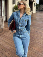 Jeans-Overall plissierter Ausschnitt vorne Knopf gerade einfarbig Playsuit